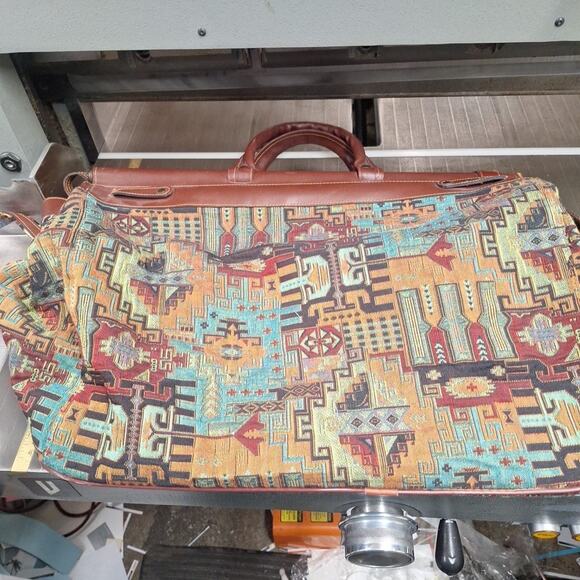 Genuine Leather Tapestery Satchel Bag Luggage Aztex Southwest 20x15x10 - Picture 4 of 9